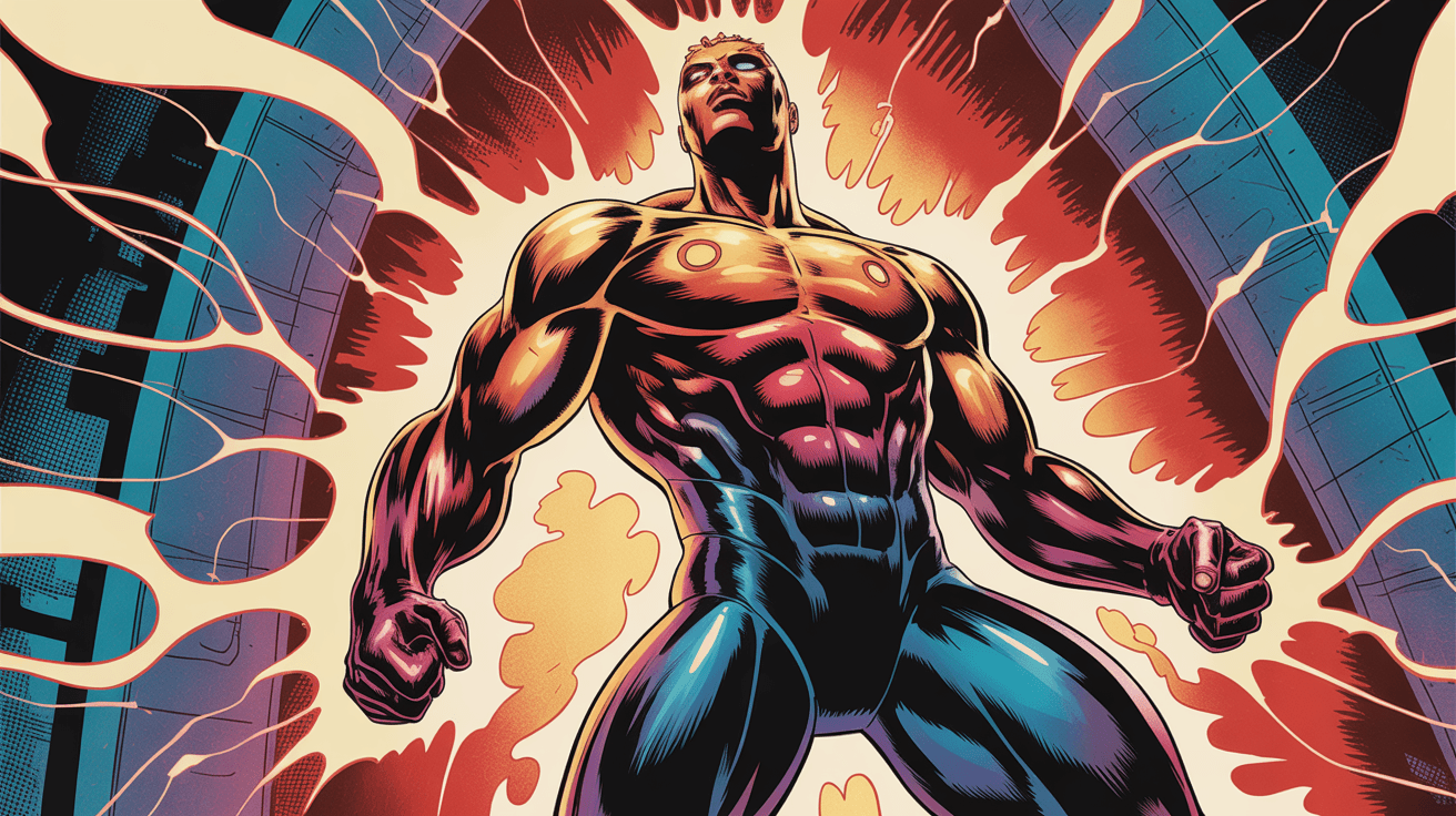 Superhero with muscular build, lightning, and energy explosion, representing strength and power in a comic book style.