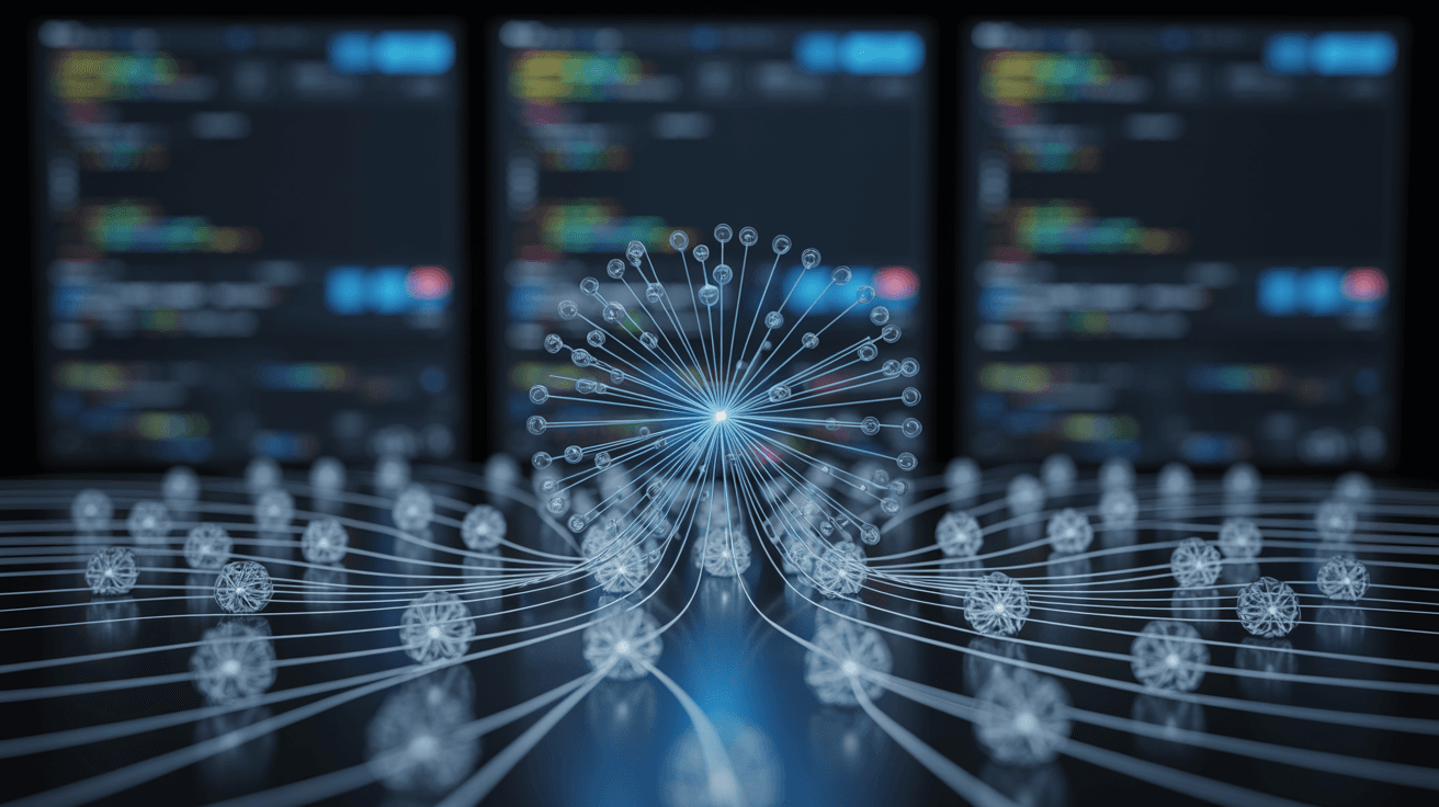 Illustration of a digital network with interconnected nodes and data streams representing SEO, online marketing, and digital connectivity for SEO Clicks Pro.