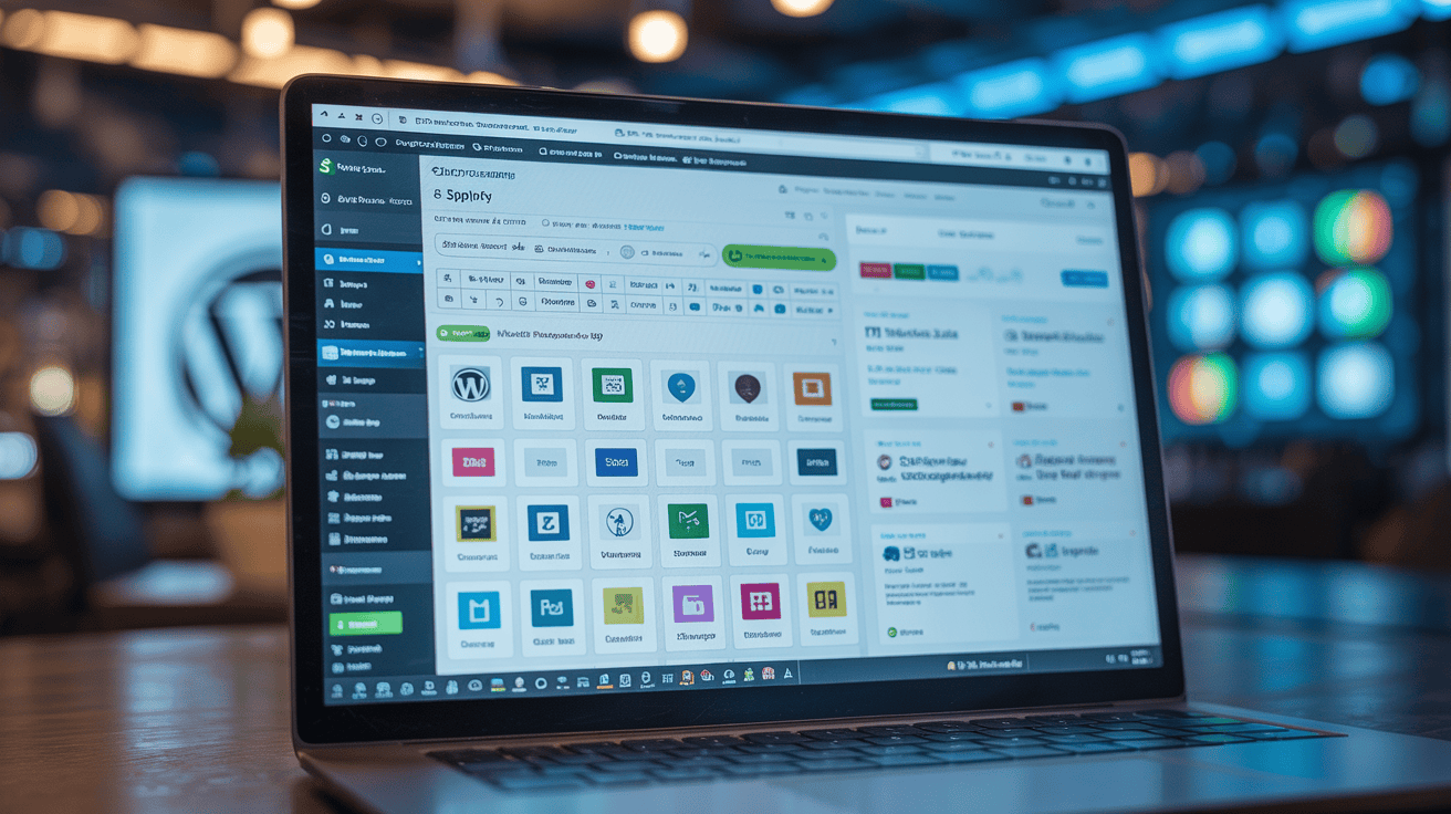 A laptop displaying the SEO Clicks Pro dashboard with various SEO tools and analytics for optimizing website performance and search engine rankings.