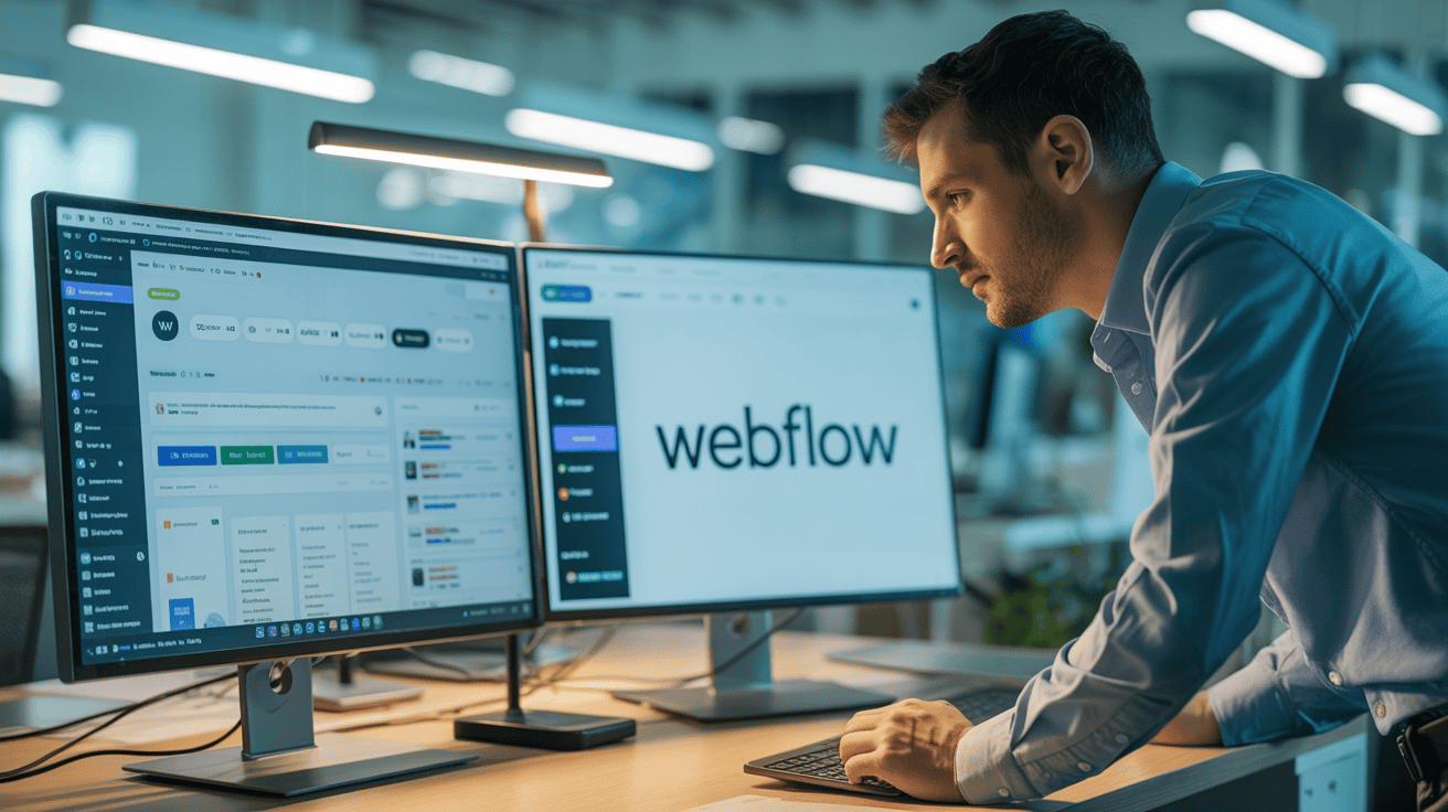 An SEO professional analyzing data on dual monitors displaying SEO Clicks Pro and Webflow interfaces for optimized digital marketing strategies.