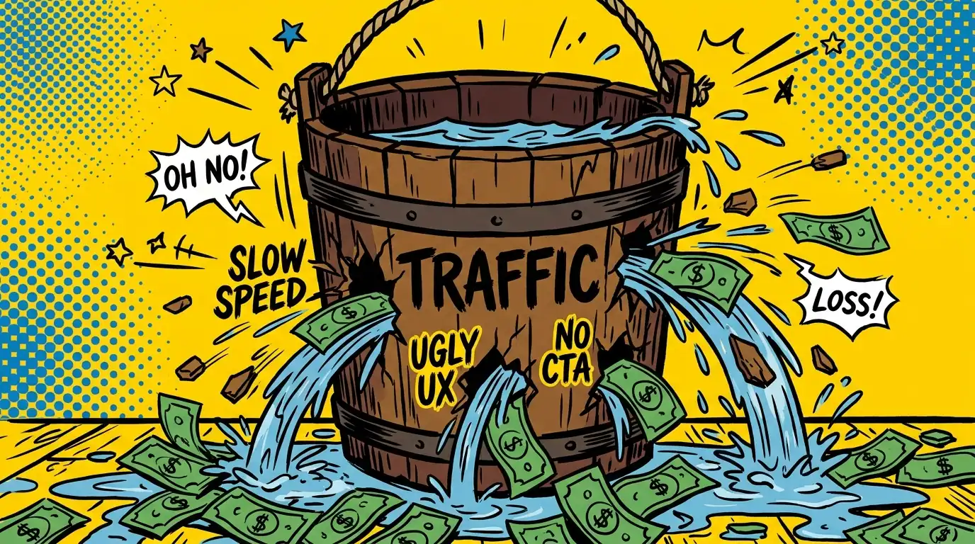 Cartoon wooden barrel labeled TRAFFIC overflowing with water and money, with tags reading 'Slow Speed', 'Ugly UX', 'No CTA', signaling conversion loss.