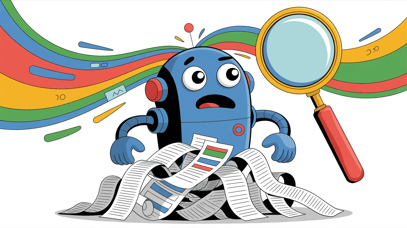 Cartoon robot with headphones analyzing SEO reports and data with a magnifying glass, representing SEO analysis, digital marketing, and SEO tools for online success.