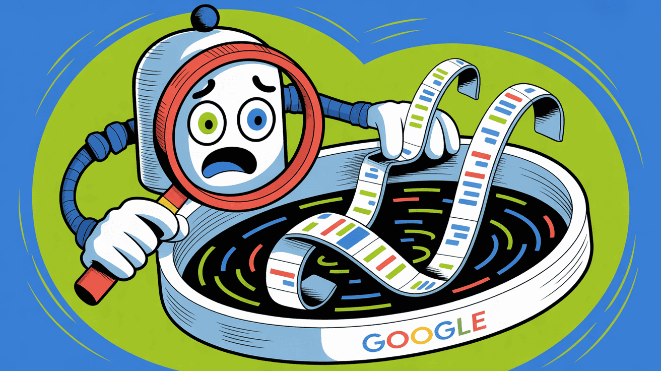 Cartoon character with a magnifying glass and Google logo, overwhelmed by long SEO and ranking reports, representing SEO analysis and optimization challenges.