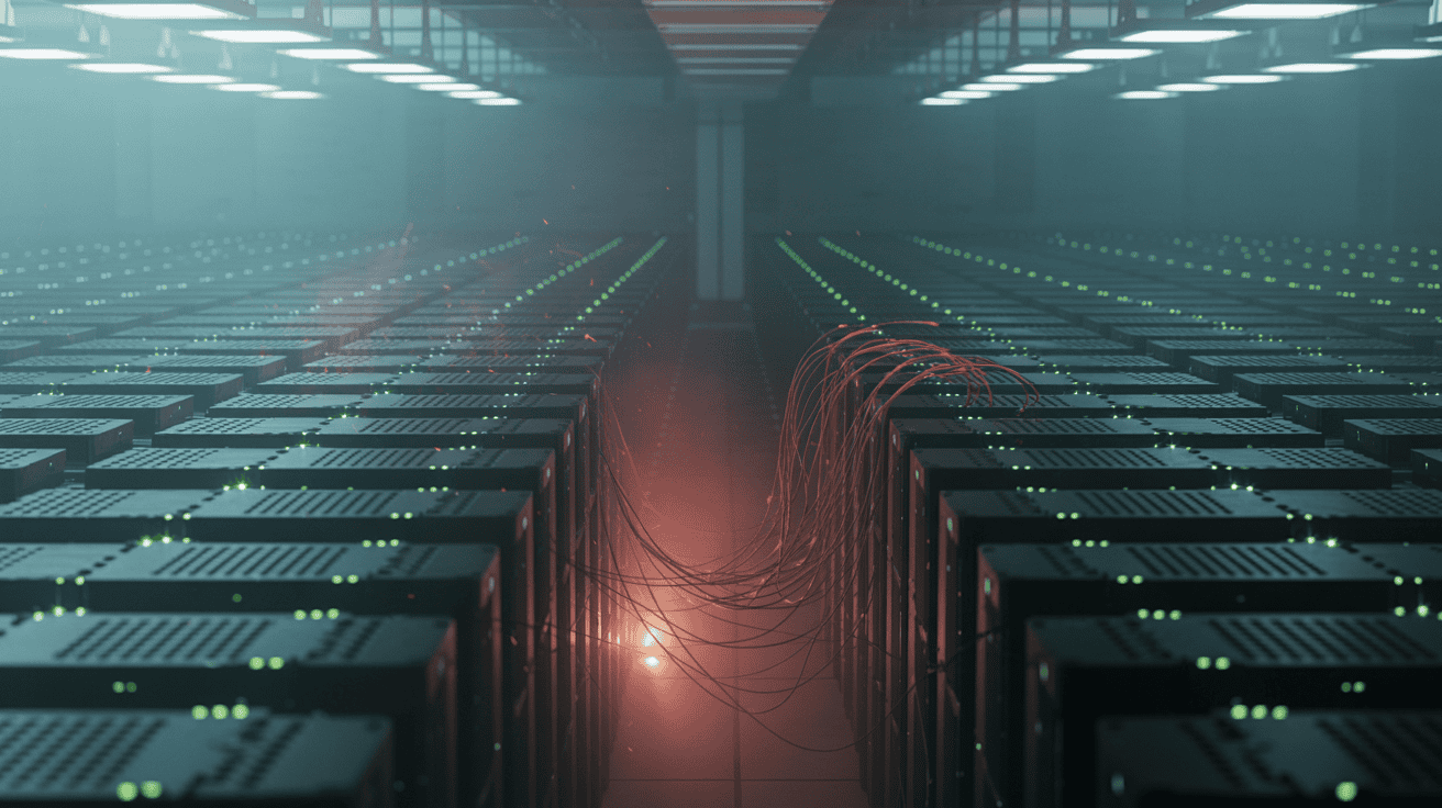 Server racks with data cables and blinking lights in a data center, representing web hosting, data management, and IT infrastructure for SEO and digital marketing.