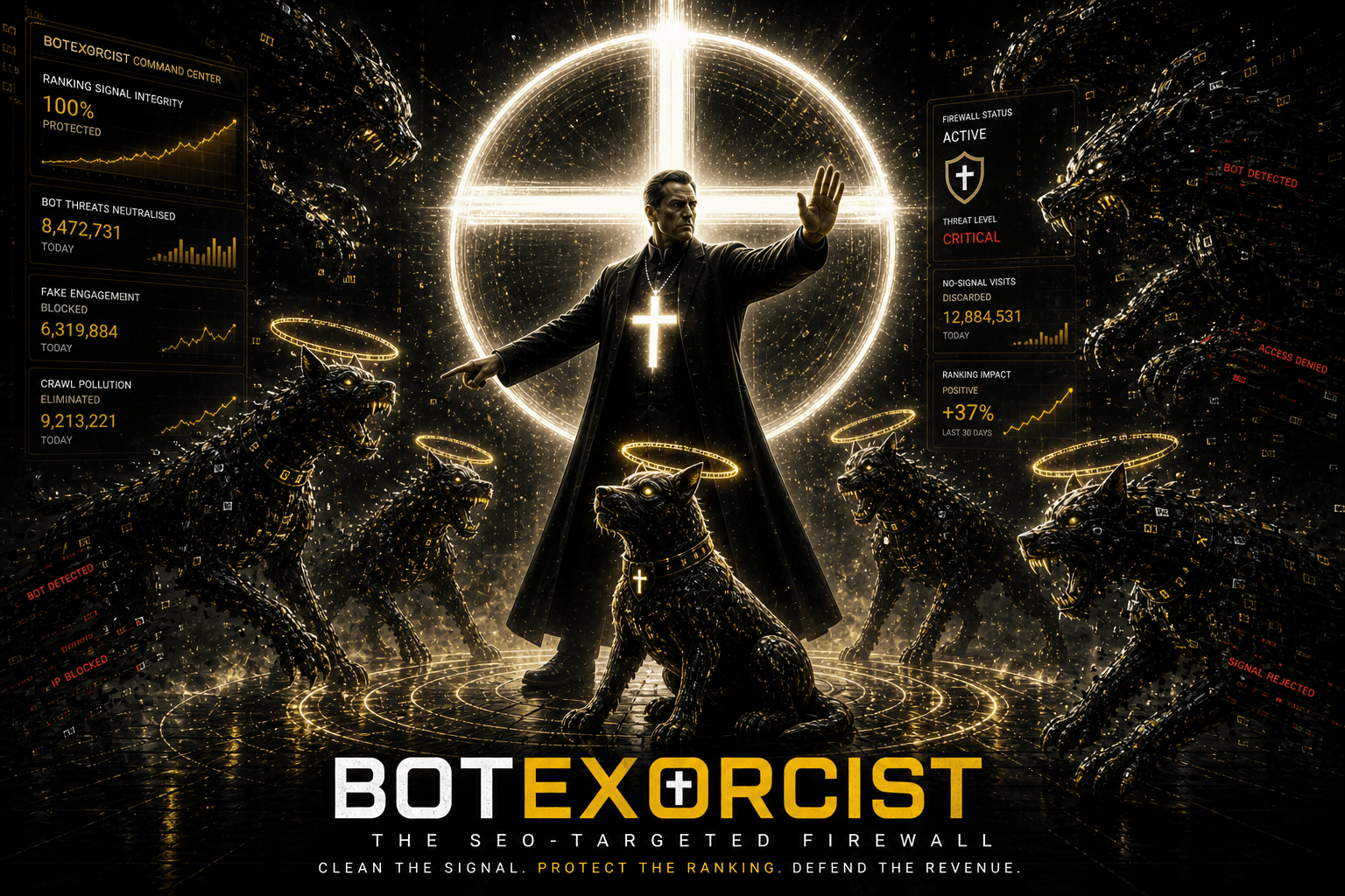 Digital image of a man in a black cloak with a glowing cross, surrounded by robotic dogs and digital security stats, representing SEO protection and cybersecurity for websites.