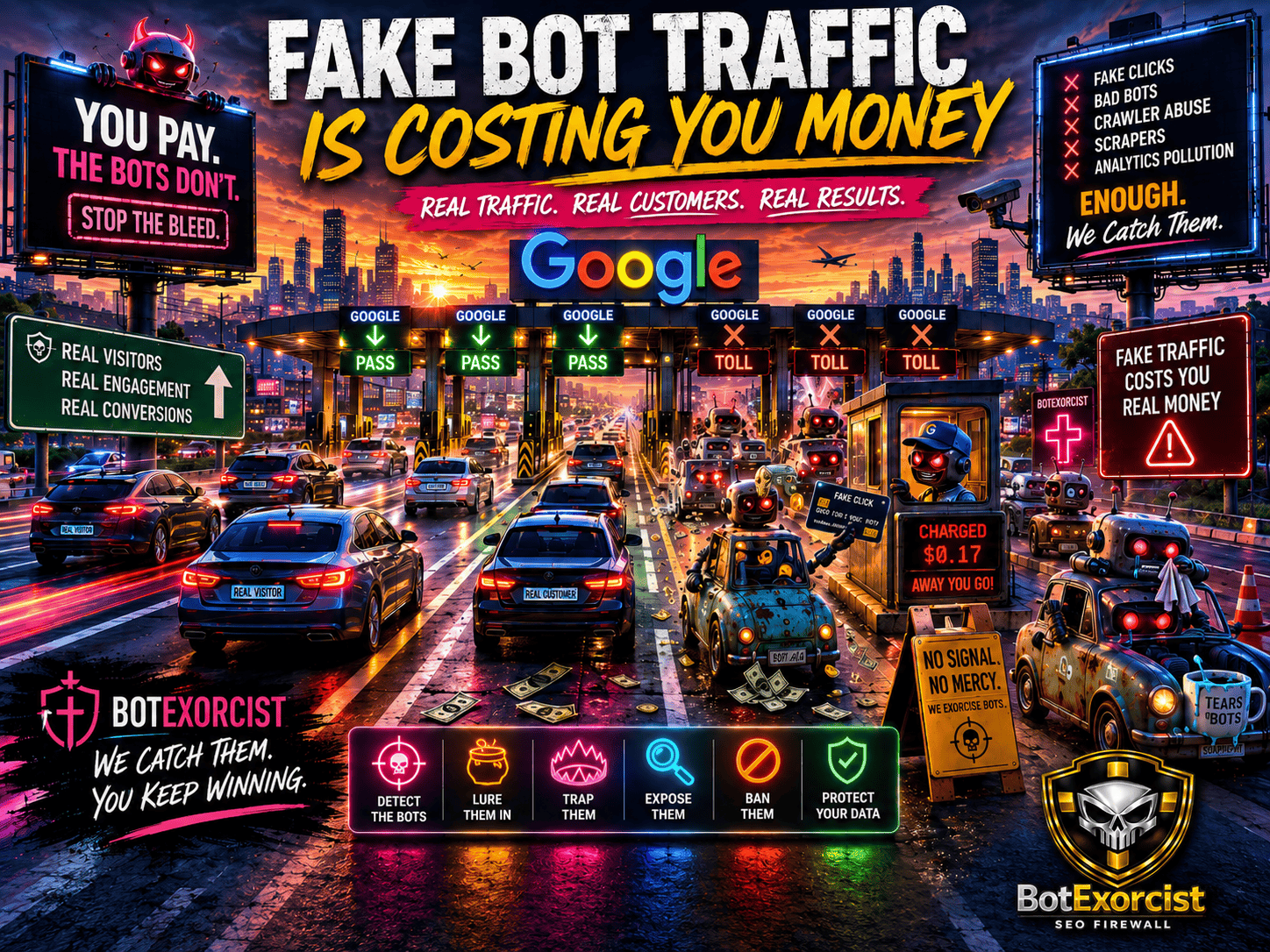 Illustration of fake bot traffic and SEO tools with cars, traffic signs, and digital icons representing SEO Clicks Pro features for combating fake traffic and increasing real customer engagement.