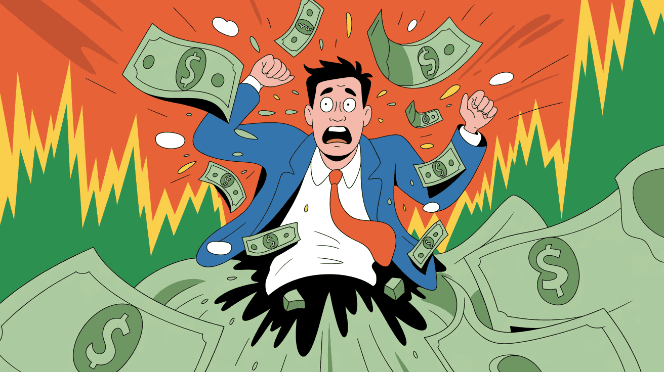 Illustration of a stressed businessman overwhelmed by falling dollar bills and financial chaos, representing the importance of SEO and digital marketing strategies for business success.