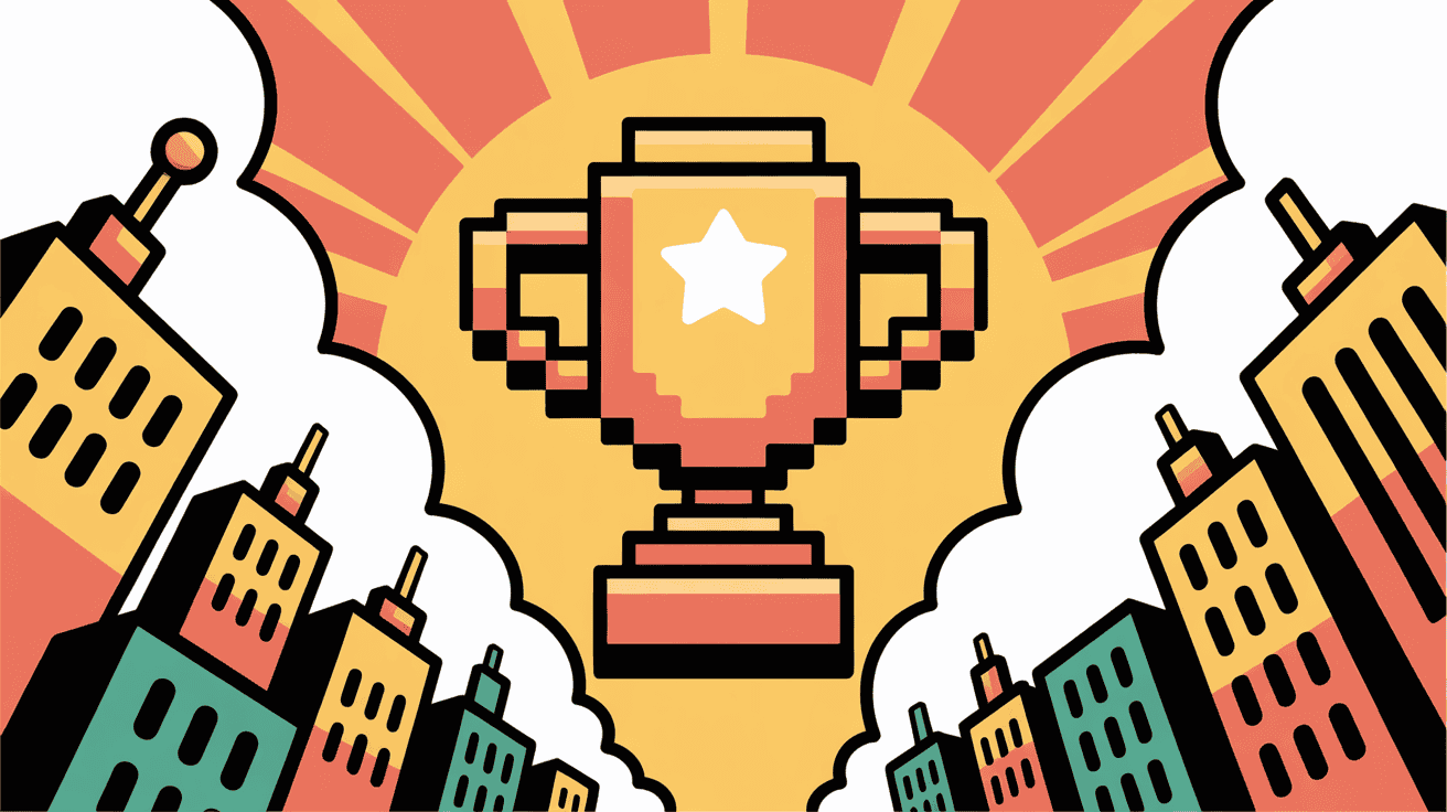 Pixel art trophy with cityscape background, symbolizing SEO success, digital marketing achievements, and online visibility improvements.