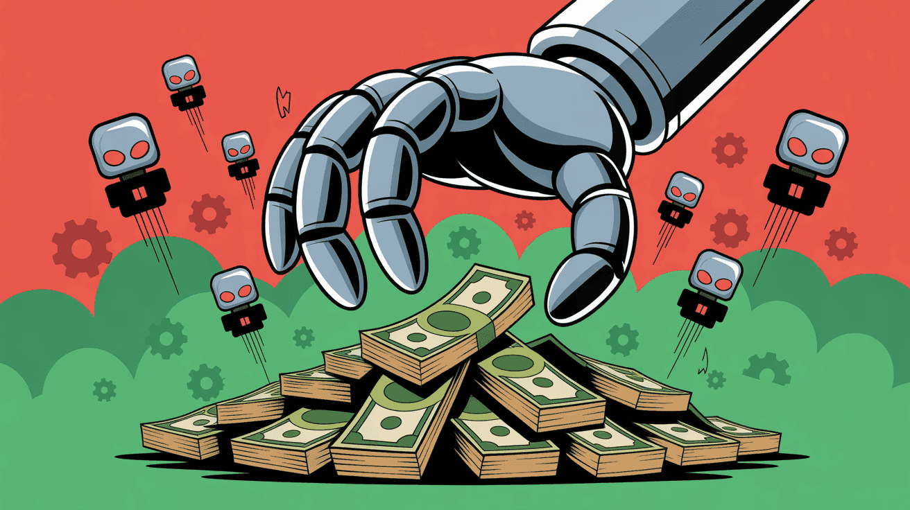 Illustration of a robotic hand grabbing stacks of money with small robot icons in the background, representing SEO automation, digital marketing, and online business growth.