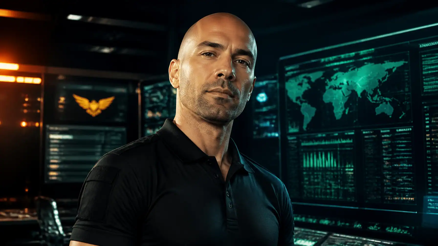 Professional cybersecurity expert analyzing digital data on multiple screens with world maps and security graphics, emphasizing cybersecurity, data protection, and online security solutions.